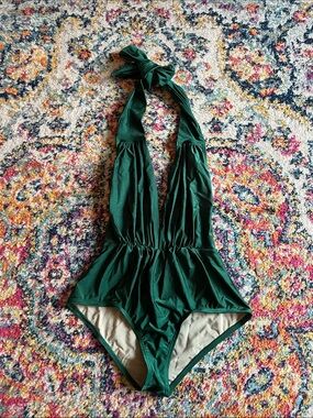 Unique Vintage Deep Green Halter One-Piece Swimsuit